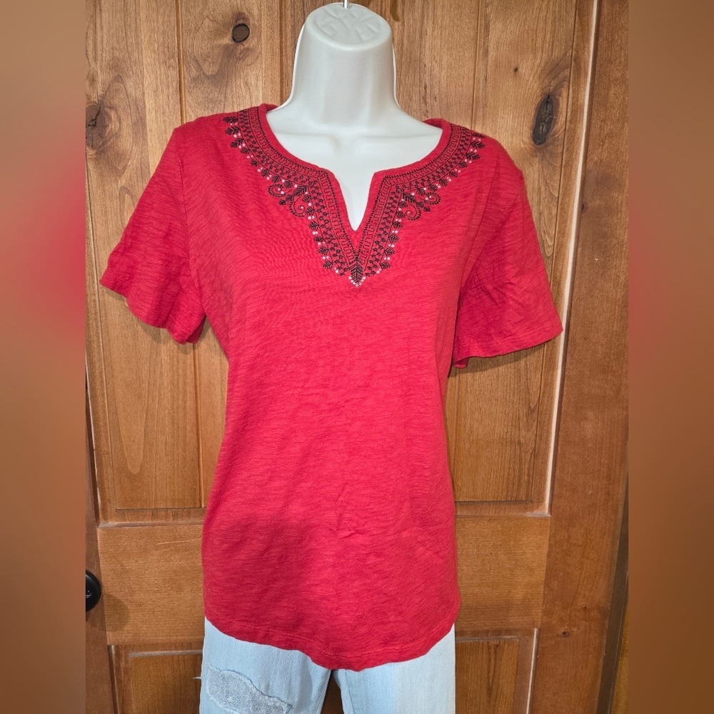 Coral Bay Red Embroidered Short Sleeve‎ Top